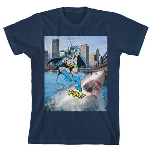 Batman Kicking Shark's Face Youth Navy Blue Graphic Tee - 1 of 2