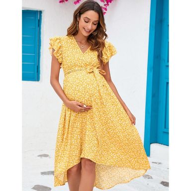 Coolmee Women's Maternity V Neck Ruffle Short Sleeve Wrap Dress Casual  Flowy Nursing Breastfeeding Midi Dress with Belted Small Yellow Flower :  Target