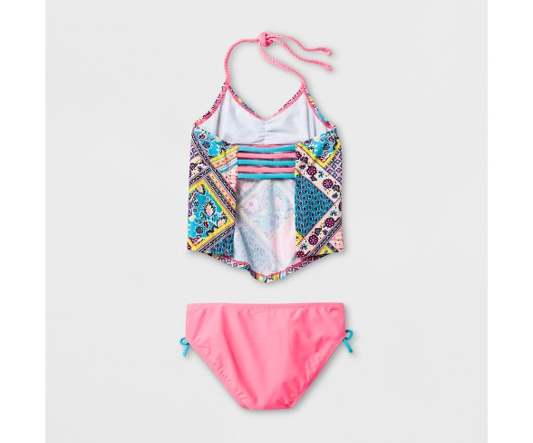 Malibu Dream Girl Girls' Halter Sleeve Whimsical Patch Tankini Set - 7