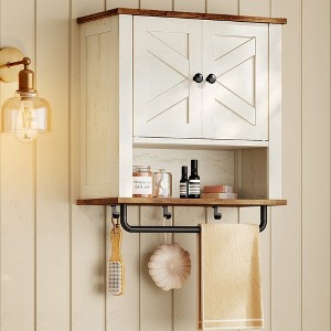 Farmhouse Wall-Mounted Cabinet with Barn Doors, 18.1x24 Inch Medicine Storage with Adjustable Shelf and Towel Bar, Rustic White - 1 of 4