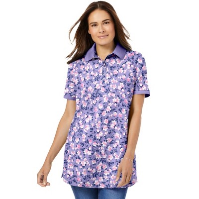 Woman Within Plus Size Perfect Printed Short-Sleeve Polo Shirt