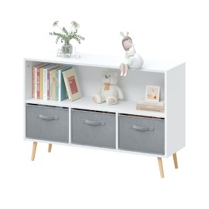 Ruvalino Decorative Bookshelf Kids Bookcase with Fabric Drawers for Playroom Nursery, White Gray, 35.43"*11.02"*23.62" - 1 of 4