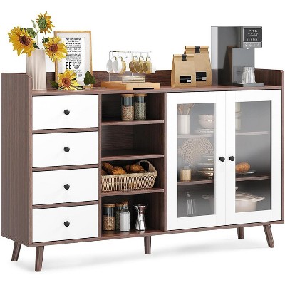 Farmhouse Style Sideboard Buffet Cabinet with Open Shelves and 4 Drawers, 55.11-Inch Large Storage Unit with Glass Doors and Adjustable Shelves