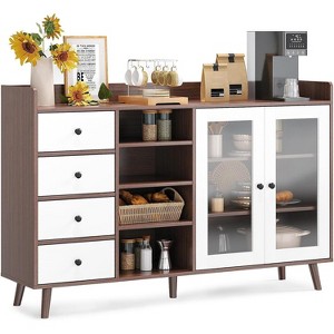 Farmhouse Style Sideboard Buffet Cabinet with Open Shelves and 4 Drawers, 55.11-Inch Large Storage Unit with Glass Doors and Adjustable Shelves - 1 of 4