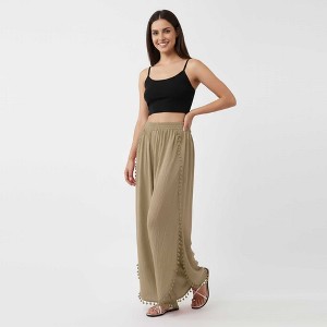 Cherie Code Women's Cotton Wide Leg Pants with Side Split and Pom Trim – Casual Fit - 1 of 4