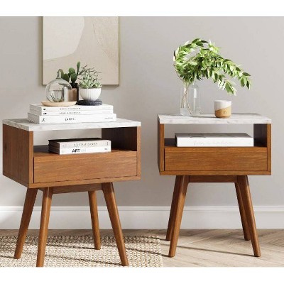 Nathan James Mid-Century Walnut and Faux Marble Storage End Tables