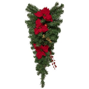 Northlight 30" Unlit Red Poinsettia and Gold Pine Cone Artificial Christmas Teardrop Swag - 1 of 4