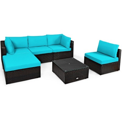 Tangkula 6PCS Patio Rattan Furniture Set Outdoor Sectional Sofa Set w/Coffee Table & Ottoman Black/Navy/Turquoise/Red/Brown