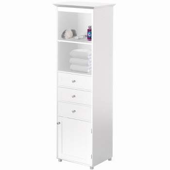 Tall Freestanding Storage Organizer Linen Tower, Vanity Closet, Bathroom Cabinet with 2 Open shelves, 3 Drawers, and a Closet