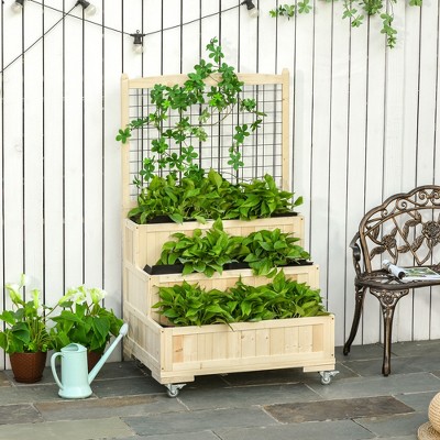 Natural Wood 3-Tier Raised Garden Bed with Trellis and Wheels