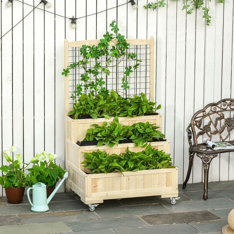 Outsunny 3-Tiers Raised Garden Bed with Wheels, Trellis, Back Storage Area, Easy Movable Wooden Planter Boxes for Flowers, Vegetables, Herbs, Natural, 2 of 10