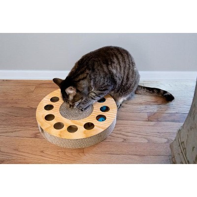 Round Tan Cardboard Cat Scratcher with Toy Balls