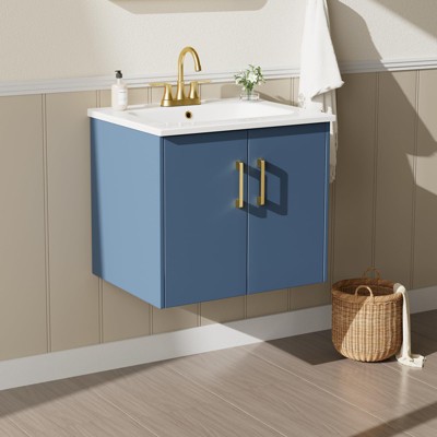 Phiestina 24" Blue Floating Bathroom Vanity, Wall-Mounted Cabinet with Ceramic Sink, 2 Soft-Close Doors, Fully Assembled, Brushed Gold Hardware