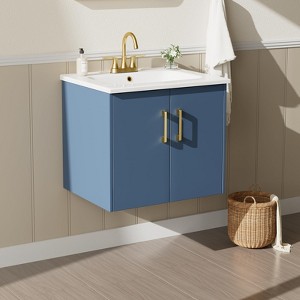Phiestina 24" Blue Floating Bathroom Vanity, Wall-Mounted Cabinet with Ceramic Sink, 2 Soft-Close Doors, Fully Assembled, Brushed Gold Hardware - 1 of 4