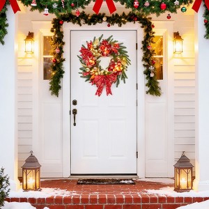24 Inch Pre-Lit Christmas Wreath with Red Bow & Flowers, for Home, Entryway, Office, Apartment, Red & Green - 1 of 4
