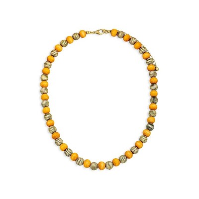 Slickblue Vintage Beaded Necklace, Two Tone Ribbed Metal & Wood Balls, Festival Style Jewelry, Brown Gold/Ivory Gold