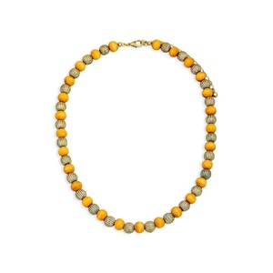 Slickblue Vintage Beaded Necklace, Two Tone Ribbed Metal & Wood Balls, Festival Style Jewelry, Brown Gold/Ivory Gold - 1 of 3