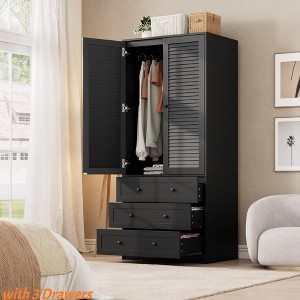 Large Wardrobe Closet w/ Drawers, 69.5" Wooden Wardrobe Cabinet w/ Hanging Rod, 2 Doors Clothing Storage Cabinet for Bedroom Anti-Tipping - 1 of 4