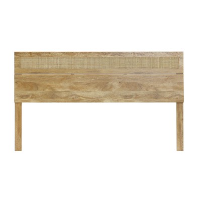 LuxenHome Oak Finish Wood with Natural Rattan Top Panel Headboard, King Brown