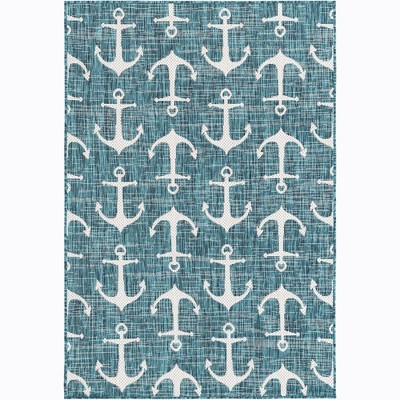 Teal and Ivory Nautical Anchor Outdoor Rug 4' x 6'