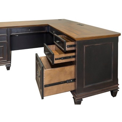 Traditional Brown L-Shaped Computer Desk with 8 Drawers and Power Center