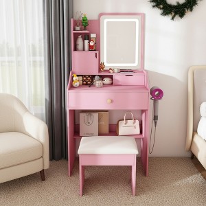 FONTOI 23.6"W/42"W Makeup Vanity Table Desk with Mirror Drawers Storage Cabinets and Stool for Bedroom Dressing Room, White/Pink - 1 of 4