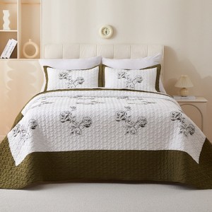 Green Rose 3-Piece Comforter Set Queen Size, Elegant Floral Bedding with 1 Comforter & 2 Pillowcases, Soft, Lightweight & Cozy - 1 of 4