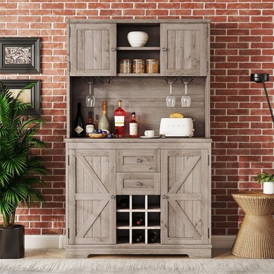 Farmhouse-Style Coffee Bar Cabinet with Drawers, Shelves, and Two Storage Racks, 74" Wine Bar，Suitable for Dining Rooms and Kitchens.