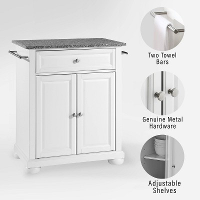Elegant Alexandria White Kitchen Island with Gray Granite Top and Storage