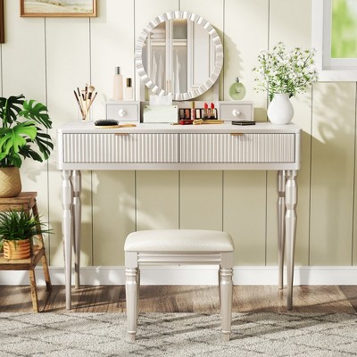 FONTOI 39.4"W Luxury Vanity Desk with Round Mirror Height-Adjustable 4 Drawers and Stool for Bedroom Dressing Room, Silver/Beige, 39.4"*17.7"*29.9"