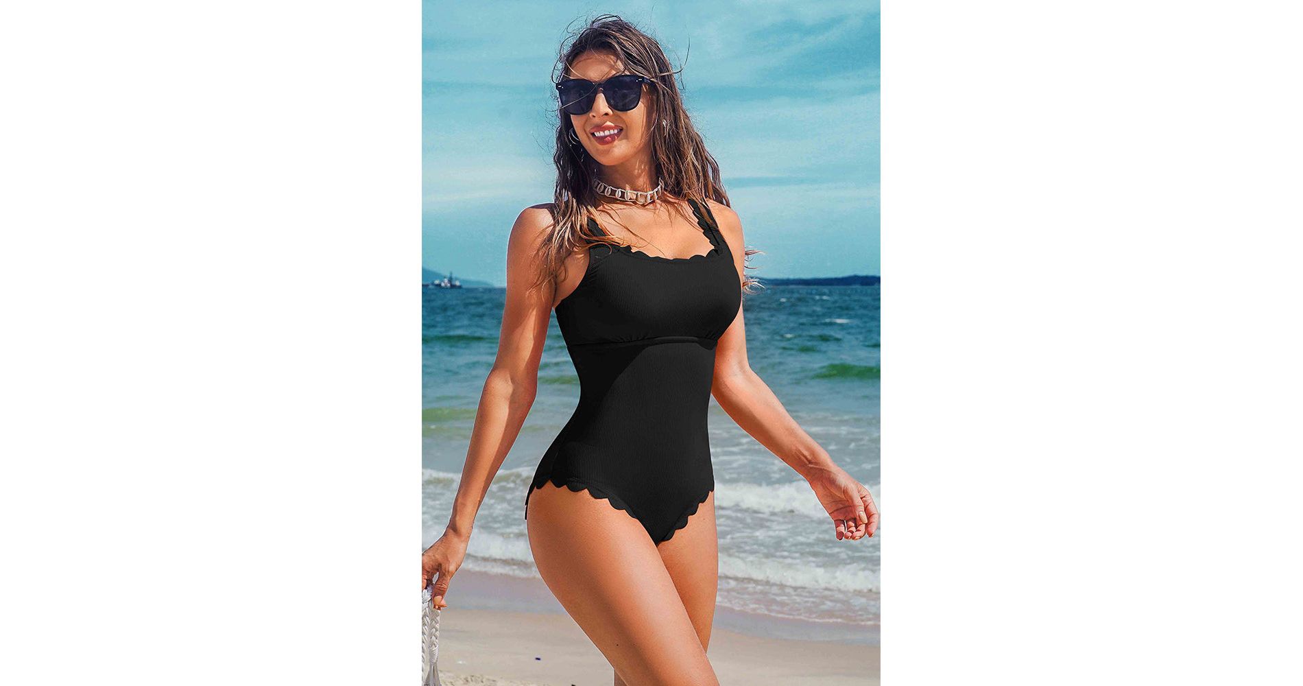 Charmo Women's Scalloped Edge One-Piece Swimsuit Adjustable Straps & Open Back Bathing Suit