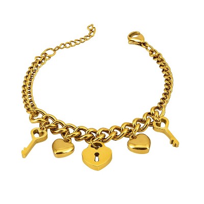 Gold Titanium Steel Heart, Lock & Key Classic Women's Bracelet