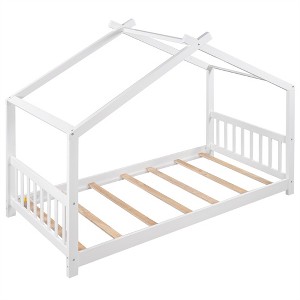 COWLOWN Twin House Platform Bed with Roof Design, Wooden Playful Bed Frame with Headboard & Footboard for Kids - 1 of 4