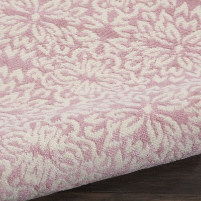 Hand-Knotted Ivory/Pink Floral Synthetic Easy-Care Rug 2' x 4'