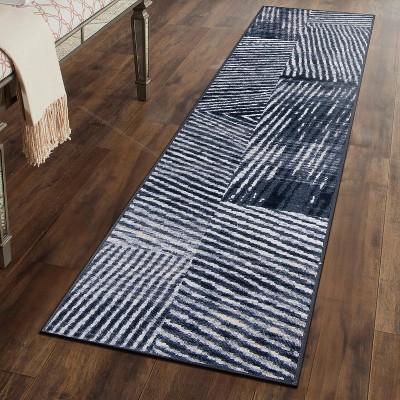 Gray Geometric Stripe Distressed Non-Slip Runner Rug 2' x 7'
