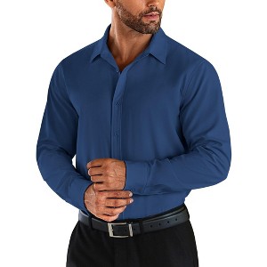 COOFANDY Men's Business Dress Shirts Wrinkle Free Long Sleeve Regular Fit Dress Shirt Textured Casual Button Down Shirts Deep Blue XL - 1 of 4