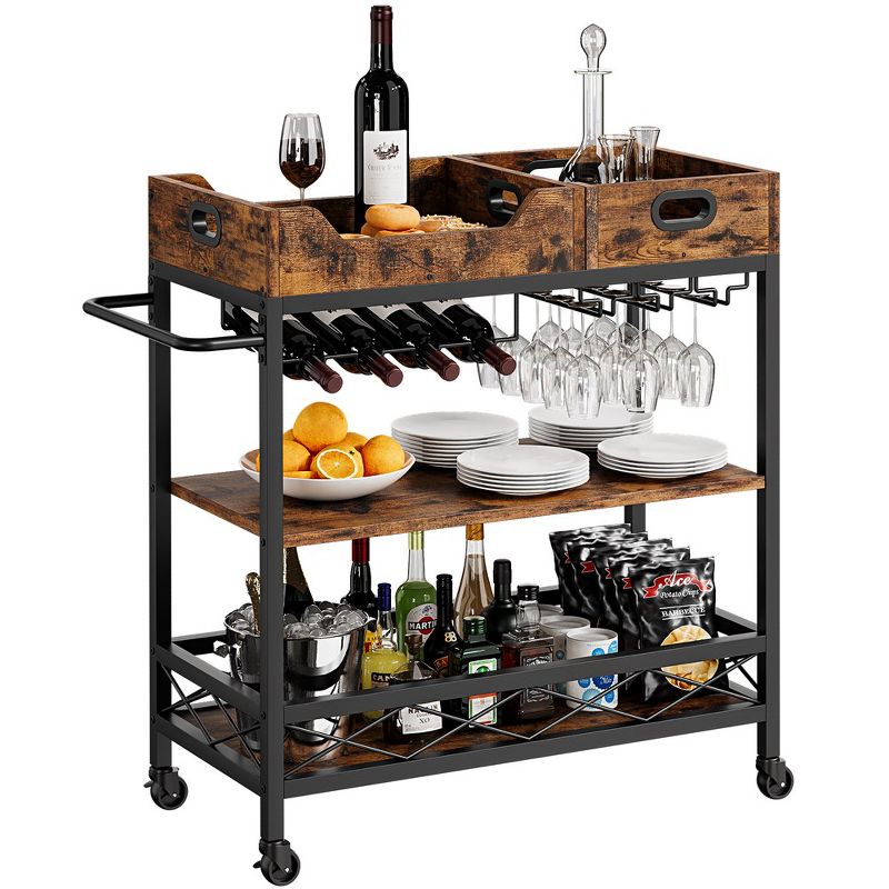 Whizmax 3 Tier Bar Cart with Wheels, Two Portable Trays, Wine Rack, Glasses Holder, Industrial Serving Cart for Kitchen, Living Room, Dining Room, 1 of 10