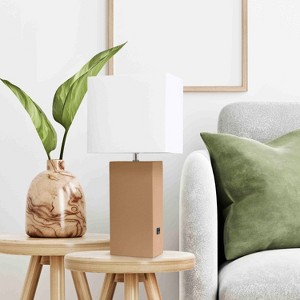21" Lexington Leather Base Modern Home Decor Bedside Table Lamp with USB Charging Port and Fabric Shade - Lalia Home - 1 of 4
