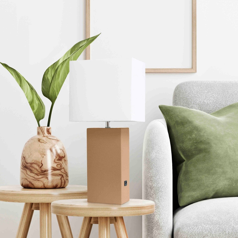 Lalia Home Lexington 21" Leather Base Modern Table Lamp with USB Charging Port and Feit LED (Includes LED Light Bulb) Beige