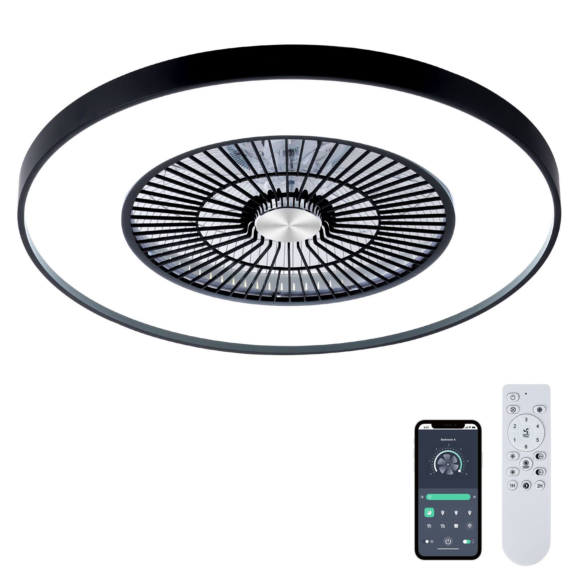 HUMHOLD 24" Bladeless Ceiling Fans with Lights and Remote/APP Control, Low Profile Ceiling Fan with 3-Dimmable Light, Enclosed Flush Mount Ceiling Fan