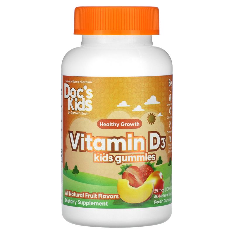 Doctor's Best Doc's Kids, Vitamin D3 Kids Gummies, All Natural Fruit, 25 mcg (1,000 IU), 60 Natural Fruit Pectin Gummies, 1 of 3