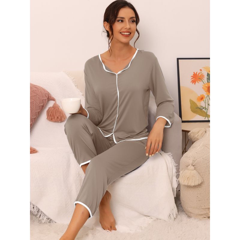 cheibear Women's Long Sleeve Pullover Sleepwear Pajamas Top with Pants Lounge Sets, 2 of 6