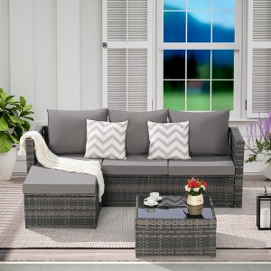 Minimalist 2-Pc Outdoor Sofa: L-Shaped Wicker Sectional + Ottoman Table – Space-Saving Design - 1 of 4