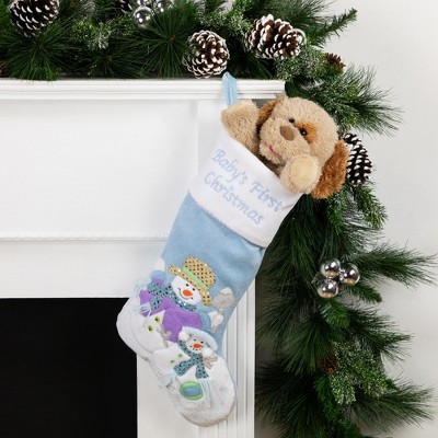 21" Blue and White Baby's First Christmas Snowman Stocking