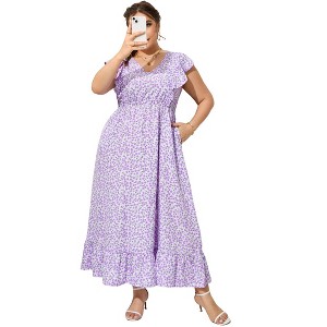 Clearlove Women's Summer Plus Size Dress Ruffle Cap Sleeveless V Neck Side Split Long Beach Maxi Dress - 1 of 4
