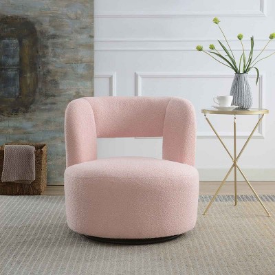 Swivel Barrel Chair with Teddy Fabric, Round Accent Chair with 360° Base for Living Room, Polywood Chair with Polyester Cushion-Coolbibila