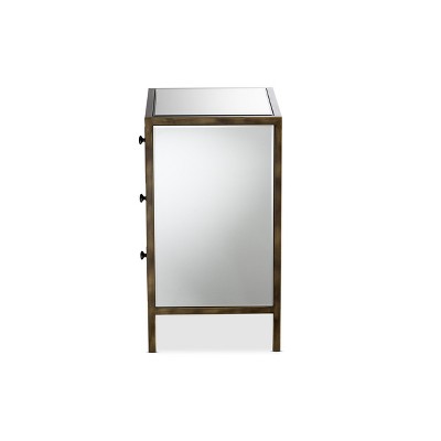 Nouria Antique Brass Trim Mirrored 3-Drawer Nightstand - Silver