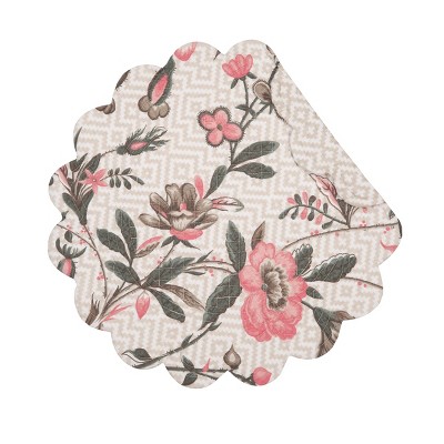 Blair Garden 17" Beige and Pink Cotton Quilted Round Placemats, Set of 6