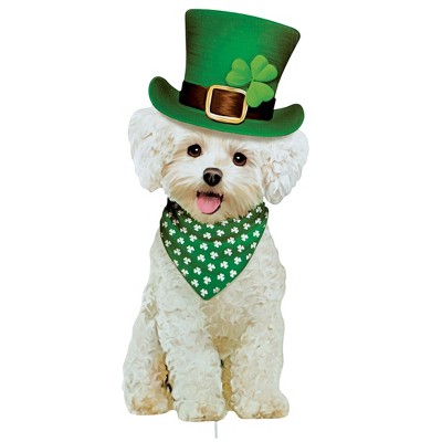 Festive Iron Bichon Frisé Garden Stake with Green Hat