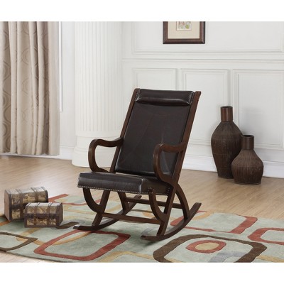 Wood and Synthetic Leather Rocking Chair with Tight Back and Seat Cushions, Nail-Head Trim and Full Foam Seat